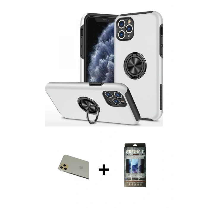 MARSİLYAN™- iPhone 11 Pro Max Kılıf Odak Form Prime - Siyah 34D Hayalet Izgaralı Cam + Rainbow Kamera Lens Koruma Cam - GD