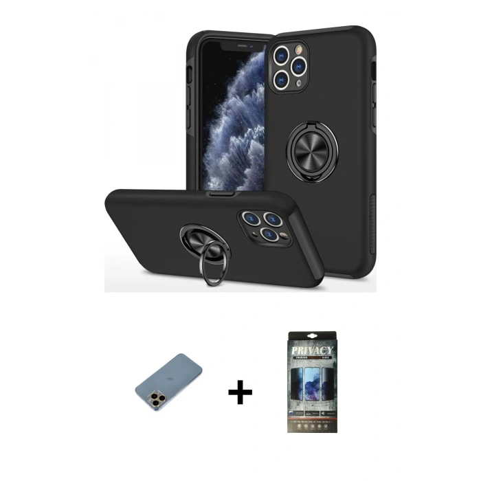MARSİLYAN™- iPhone 11 Pro Max Kılıf Odak Form Prime - Siyah 34D Hayalet Izgaralı Cam + Shine Kamera Lens Koruma Cam - GD