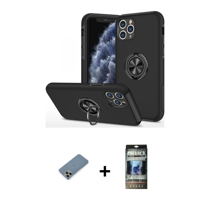 MARSİLYAN™- iPhone 11 Pro Max Kılıf Odak Form Prime - Siyah 34D Hayalet Izgaralı Cam + Metal Kamera Lens Koruma Cam - GD