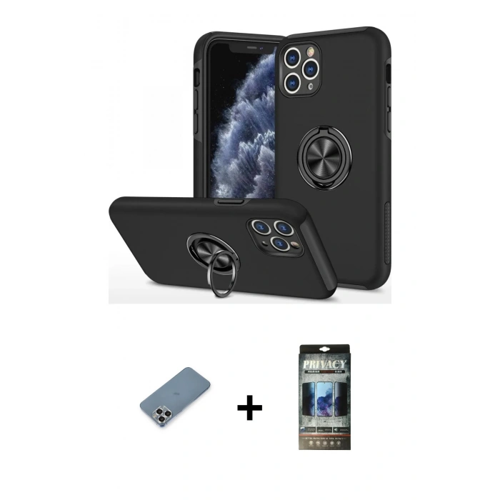 MARSİLYAN™- iPhone 11 Pro Max Kılıf Odak Form Prime - Siyah 34D Hayalet Izgaralı Cam + Metal Kamera Lens Koruma Cam - GS