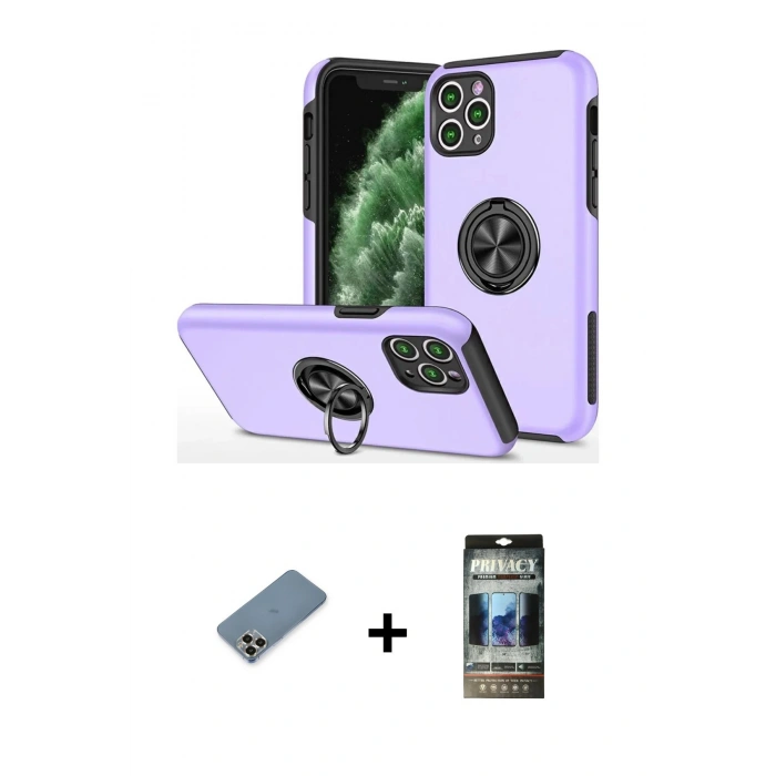MARSİLYAN™- iPhone 11 Pro Max Kılıf Odak Form Prime - Siyah 34D Hayalet Izgaralı Cam + Metal Kamera Lens Koruma Cam - GD