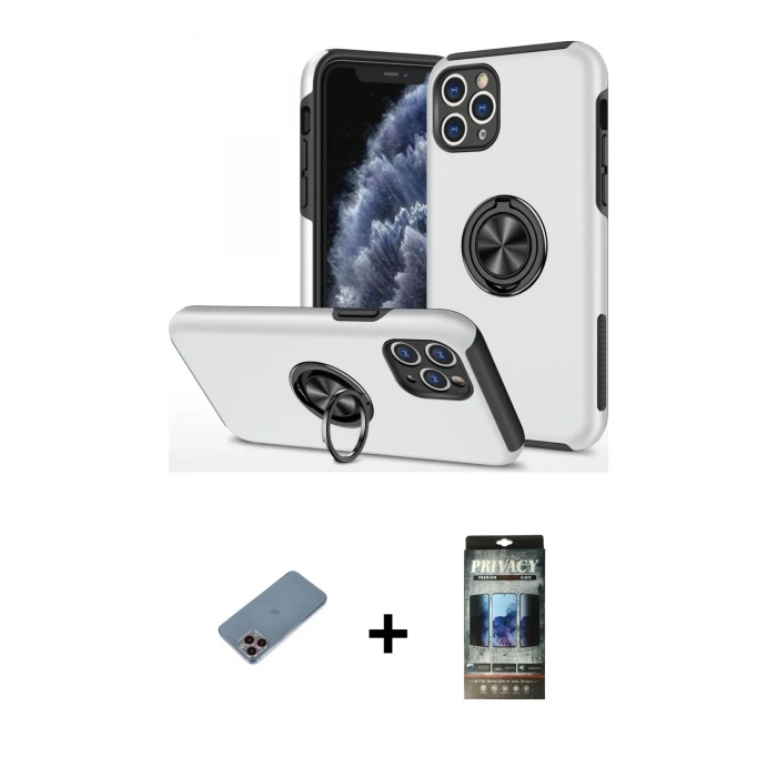MARSİLYAN™- iPhone 11 Pro Max Kılıf Odak Form Prime - Siyah 34D Hayalet Izgaralı Cam + Shine Kamera Lens Koruma Cam - PE