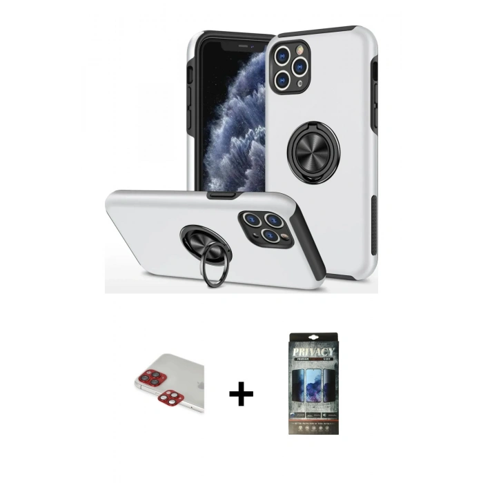 MARSİLYAN™- iPhone 11 Pro Max Kılıf Odak Form Prime - Siyah 34D Hayalet Izgaralı Cam + Pers Alüminyum Kamera Lens - KI