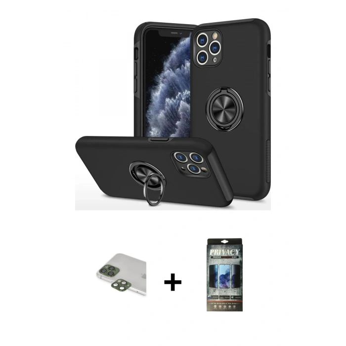 MARSİLYAN™- iPhone 11 Pro Max Kılıf Odak Form Prime - Siyah 34D Hayalet Izgaralı Cam + Pers Alüminyum Kamera Lens - YL