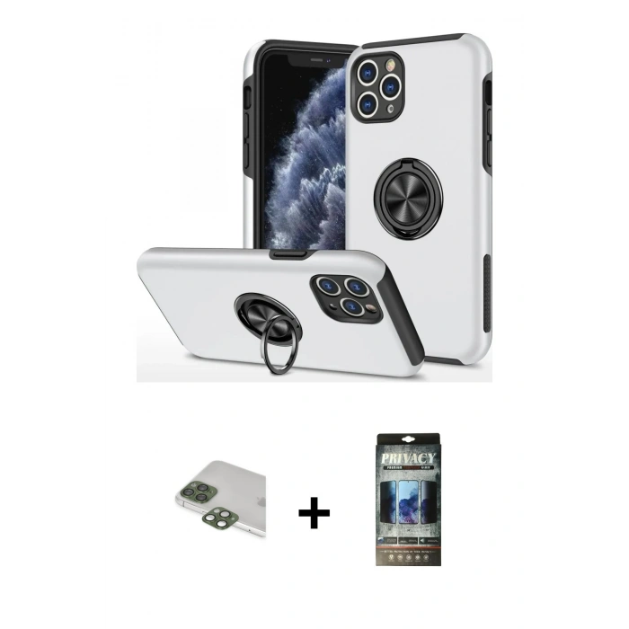 MARSİLYAN™- iPhone 11 Pro Max Kılıf Odak Form Prime - Siyah 34D Hayalet Izgaralı Cam + Pers Alüminyum Kamera Lens - YL