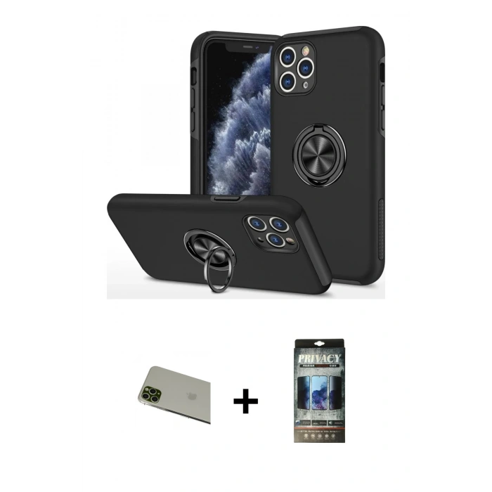 MARSİLYAN™- iPhone 11 Pro Max Kılıf Odak Form Prime - Siyah 34D Hayalet Izgaralı Cam + Rainbow Kamera Lens Koruma Cam - YL