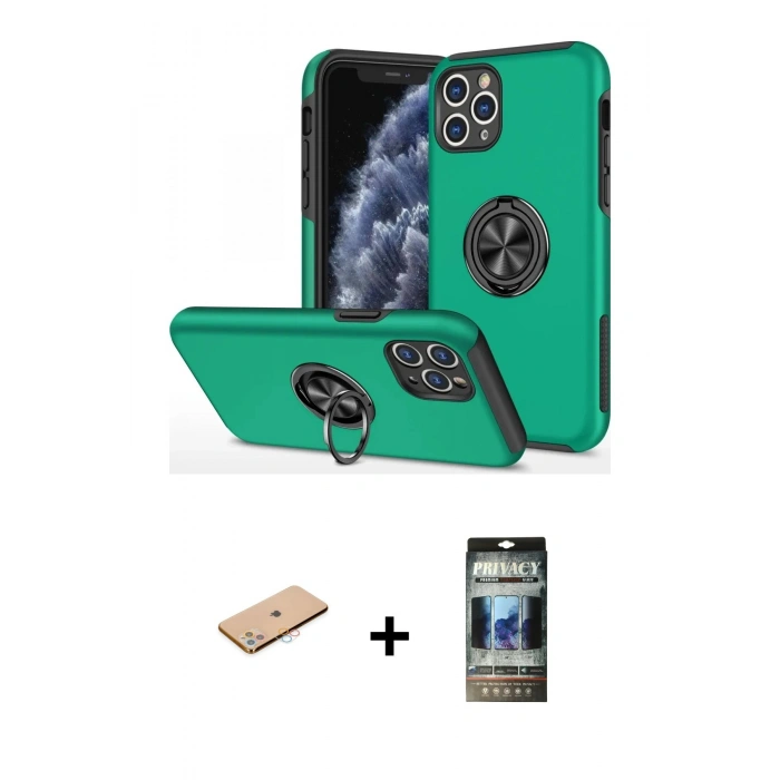 MARSİLYAN™- iPhone 11 Pro Max Kılıf Odak Form Prime - Siyah 34D Hayalet Izgaralı Cam + Renkli Kamera Lens Koruma Cam - PE