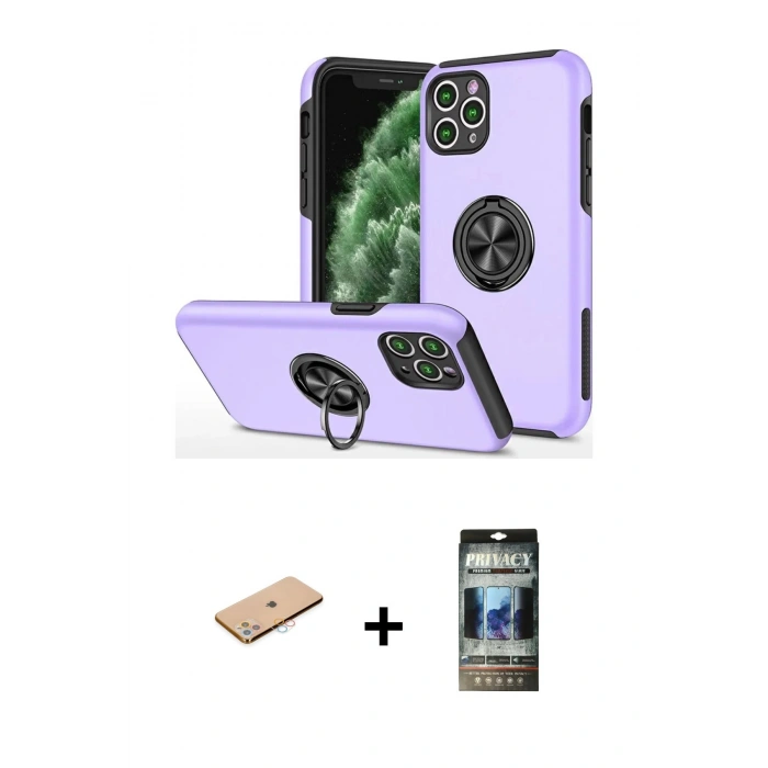 MARSİLYAN™- iPhone 11 Pro Max Kılıf Odak Form Prime - Siyah 34D Hayalet Izgaralı Cam + Renkli Kamera Lens Koruma Cam - PE