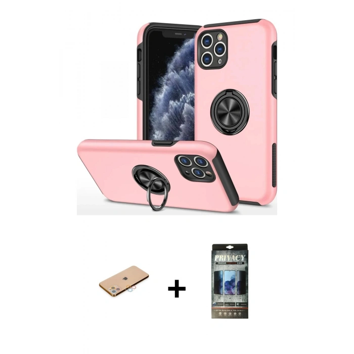 MARSİLYAN™- iPhone 11 Pro Max Kılıf Odak Form Prime - Siyah 34D Hayalet Izgaralı Cam + Renkli Kamera Lens Koruma Cam - PE