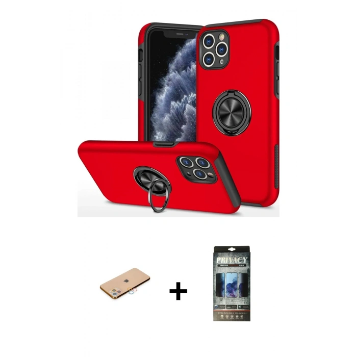 MARSİLYAN™- iPhone 11 Pro Max Kılıf Odak Form Prime - Siyah 34D Hayalet Izgaralı Cam + Renkli Kamera Lens Koruma Cam - PE