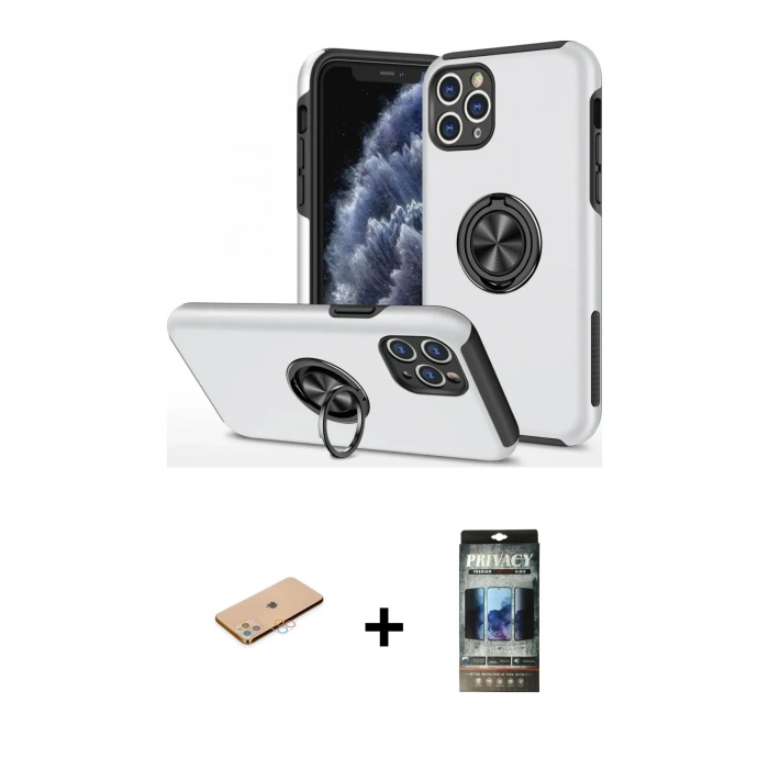 MARSİLYAN™- iPhone 11 Pro Max Kılıf Odak Form Prime - Siyah 34D Hayalet Izgaralı Cam + Renkli Kamera Lens Koruma Cam - PE