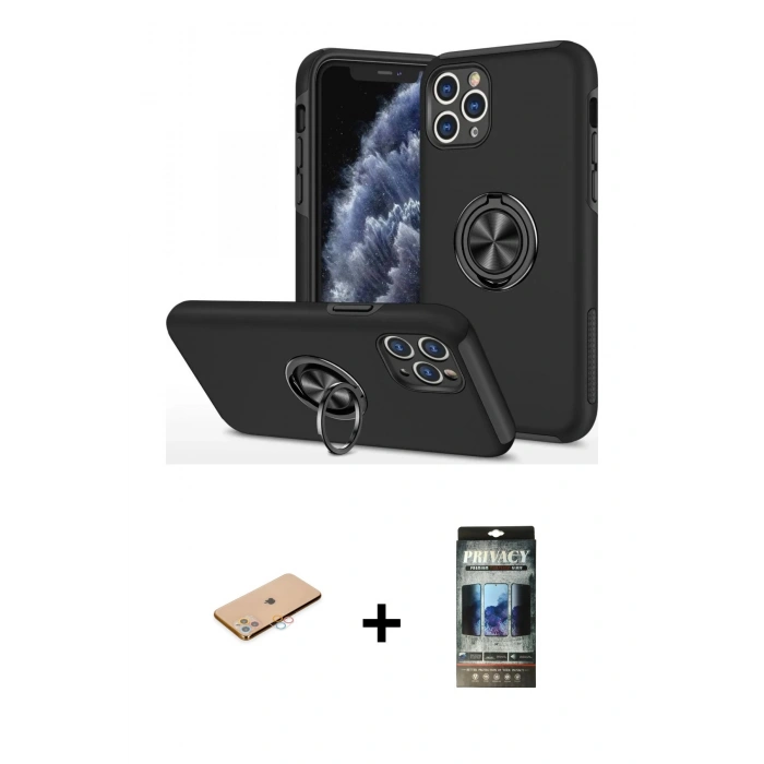 MARSİLYAN™- iPhone 11 Pro Max Kılıf Odak Form Prime - Siyah 34D Hayalet Izgaralı Cam + Renkli Kamera Lens Koruma Cam - PE