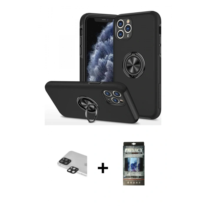 MARSİLYAN™- iPhone 11 Pro Max Kılıf Odak Form Prime - Siyah 34D Hayalet Izgaralı Cam + Siyah Pers Alüminyum Kamera Lens