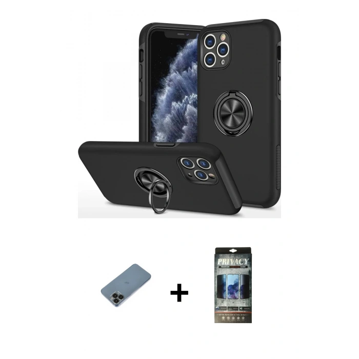 MARSİLYAN™- iPhone 11 Pro Max Kılıf Odak Form Prime - Siyah 34D Hayalet Izgaralı Cam + Shine Kamera Lens Koruma Cam - SH