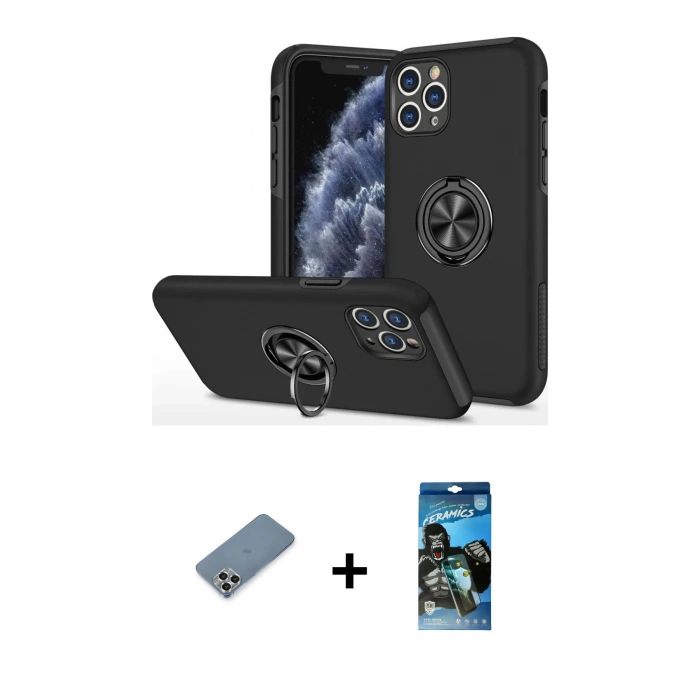 MARSİLYAN™- iPhone 11 Pro Max Kılıf Odak Form Prime - Siyah 34D Izgaralı Cam + Metal Kamera Lens Koruma Cam - GS