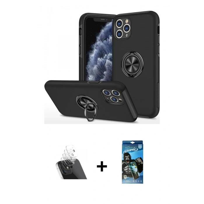MARSİLYAN™- iPhone 11 Pro Max Kılıf Odak Form Prime - Siyah 34D Izgaralı Cam + Kamera Lens Koruma Cam - SF