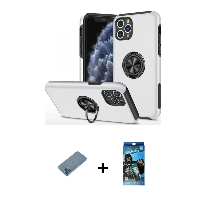 MARSİLYAN™- iPhone 11 Pro Max Kılıf Odak Form Prime - Siyah 34D Izgaralı Cam + Mavi Shine Kamera Lens Koruma Cam