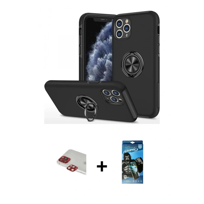 MARSİLYAN™- iPhone 11 Pro Max Kılıf Odak Form Prime - Siyah 34D Izgaralı Cam + Pers Alüminyum Kamera Lens - KI
