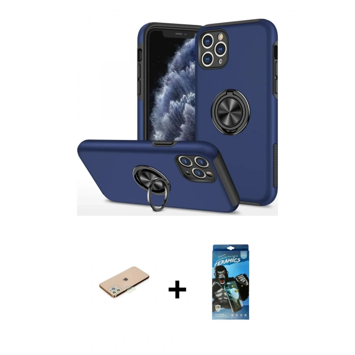 MARSİLYAN™- iPhone 11 Pro Max Kılıf Odak Form Prime - Siyah 34D Izgaralı Cam + Renkli Kamera Lens Koruma Cam - YL