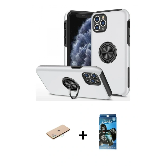 MARSİLYAN™- iPhone 11 Pro Max Kılıf Odak Form Prime - Siyah 34D Izgaralı Cam + Renkli Kamera Lens Koruma Cam - MI