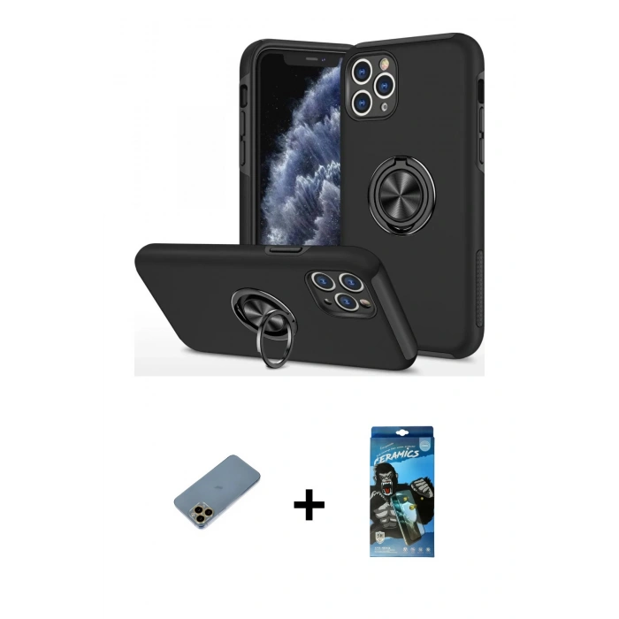 MARSİLYAN™- iPhone 11 Pro Max Kılıf Odak Form Prime - Siyah 34D Izgaralı Cam + Shine Kamera Lens Koruma Cam - GD
