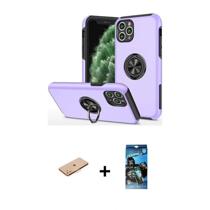 MARSİLYAN™- iPhone 11 Pro Max Kılıf Odak Form Prime - Siyah 34D Izgaralı Cam + Renkli Kamera Lens Koruma Cam - TU