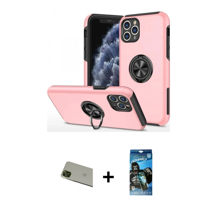 MARSİLYAN™- iPhone 11 Pro Max Kılıf Odak Form Prime - Siyah 34D Izgaralı Cam + Yeşil Rainbow Kamera Lens Koruma Cam