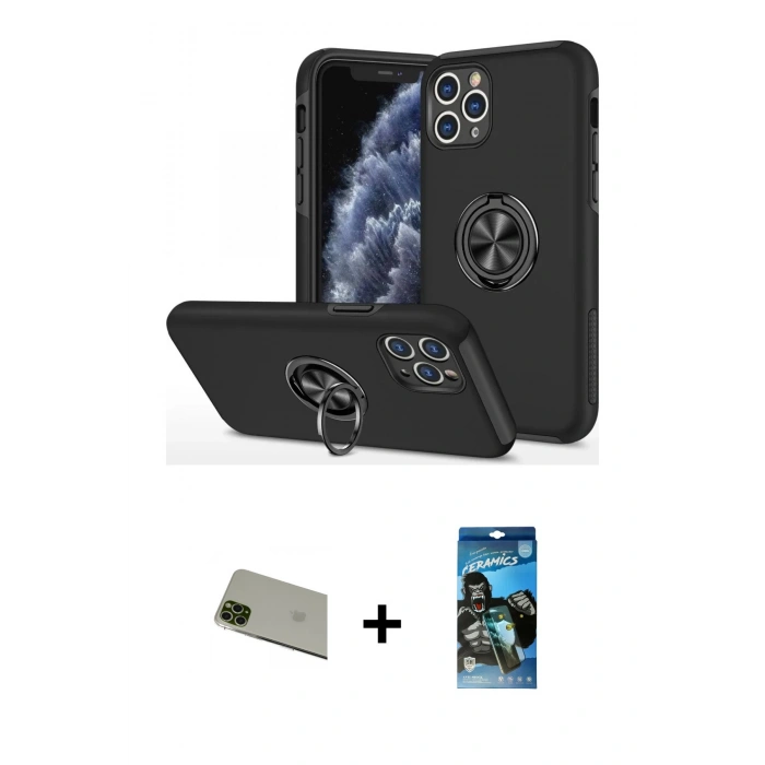 MARSİLYAN™- iPhone 11 Pro Max Kılıf Odak Form Prime - Siyah 34D Izgaralı Cam + Yeşil Rainbow Kamera Lens Koruma Cam
