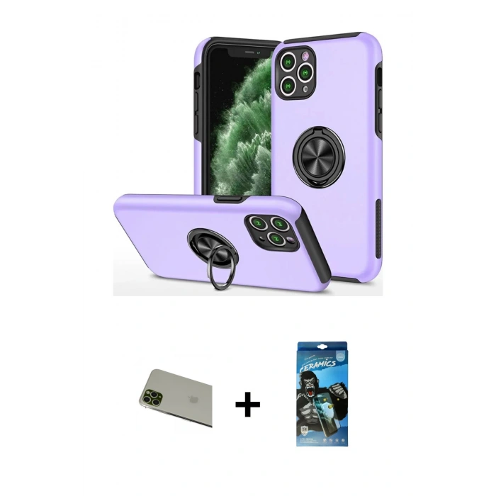 MARSİLYAN™- iPhone 11 Pro Max Kılıf Odak Form Prime - Siyah 34D Izgaralı Cam + Yeşil Rainbow Kamera Lens Koruma Cam