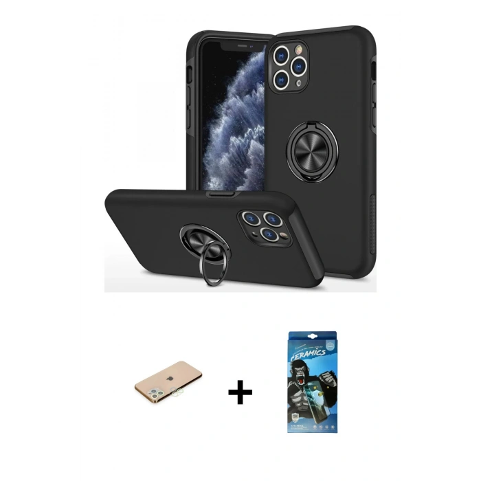 MARSİLYAN™- iPhone 11 Pro Max Kılıf Odak Form Prime - Siyah 34D Izgaralı Cam + Yeşil Renkli Kamera Lens Koruma Cam