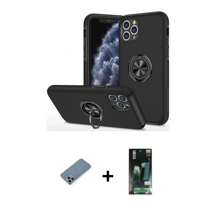 MARSİLYAN™- iPhone 11 Pro Max Kılıf Odak Form Prime - Siyah 360 Mat Full Body Arka Koruyucu + Metal Kamera Lens Koruma Cam - AKYL
