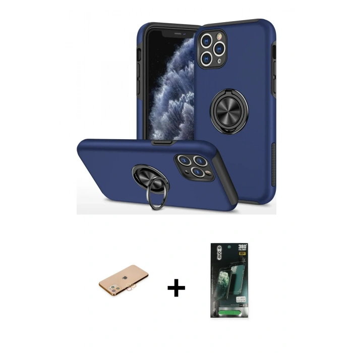 MARSİLYAN™- iPhone 11 Pro Max Kılıf Odak Form Prime - Siyah 360 Mat Full Body Arka Koruyucu + Renkli Kamera Lens Koruma Cam - TU