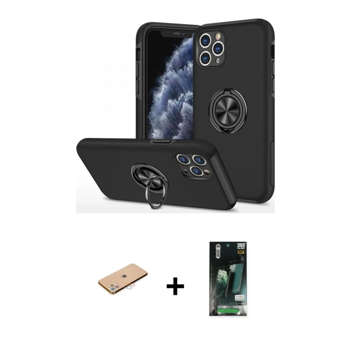 MARSİLYAN™- iPhone 11 Pro Max Kılıf Odak Form Prime - Siyah 360 Mat Full Body Arka Koruyucu + Renkli Kamera Lens Koruma Cam - PE