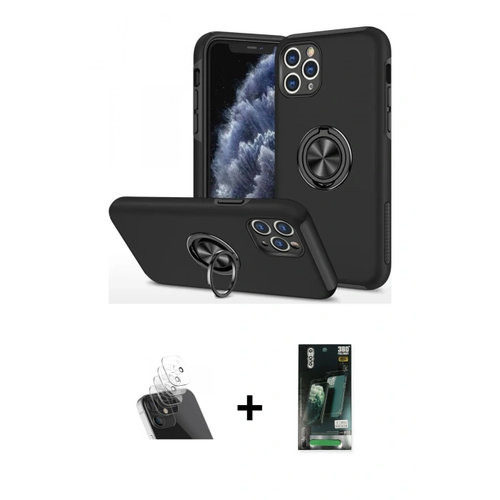 MARSİLYAN™- iPhone 11 Pro Max Kılıf Odak Form Prime - Siyah 360 Mat Full Body Arka Koruyucu + Kamera Lens Koruma Cam - SF