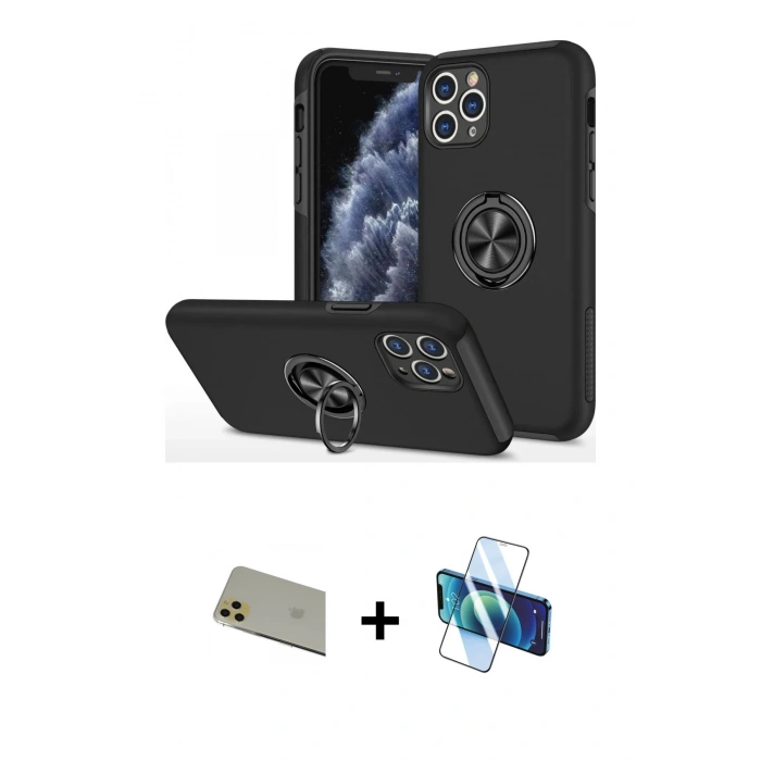MARSİLYAN™- iPhone 11 Pro Max Kılıf Odak Form Prime - Siyah 3D Antistatik Cam Ekran Koruyucu + Rainbow Kamera Lens Koruma Cam - GD