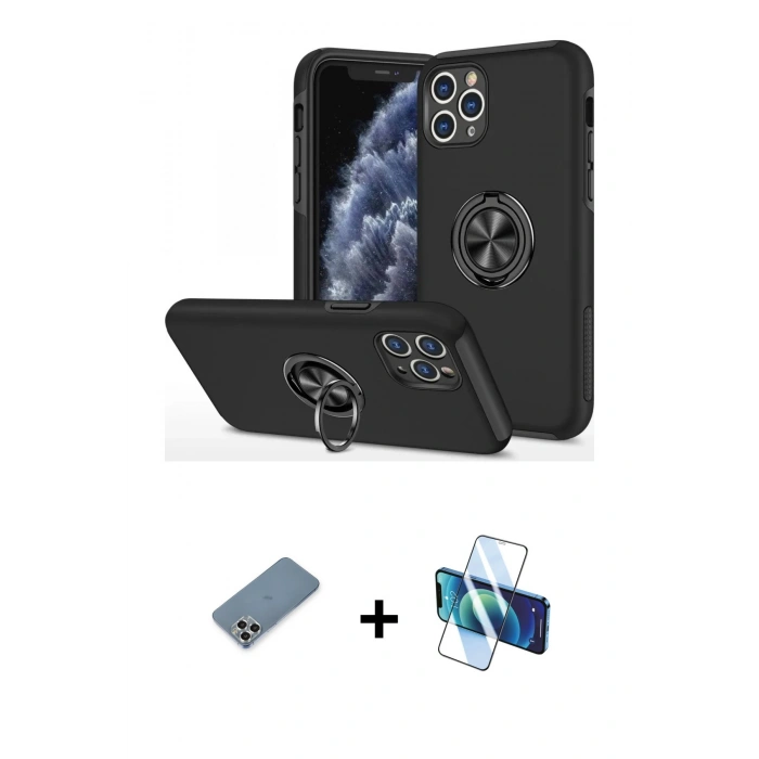MARSİLYAN™- iPhone 11 Pro Max Kılıf Odak Form Prime - Siyah 3D Antistatik Cam Ekran Koruyucu + Metal Kamera Lens Koruma Cam - GS