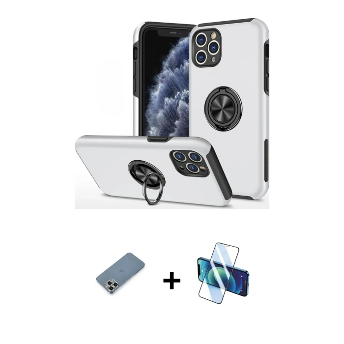 MARSİLYAN™- iPhone 11 Pro Max Kılıf Odak Form Prime - Siyah 3D Antistatik Cam Ekran Koruyucu + Metal Kamera Lens Koruma Cam - GS