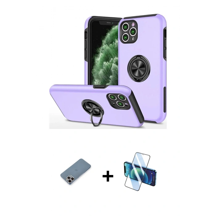 MARSİLYAN™- iPhone 11 Pro Max Kılıf Odak Form Prime - Siyah 3D Antistatik Cam Ekran Koruyucu + Mor Metal Kamera Lens Koruma Cam