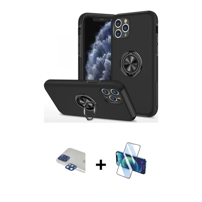 MARSİLYAN™- iPhone 11 Pro Max Kılıf Odak Form Prime - Siyah 3D Antistatik Cam Ekran Koruyucu + Pers Alüminyum Kamera Lens - LT