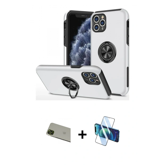 MARSİLYAN™- iPhone 11 Pro Max Kılıf Odak Form Prime - Siyah 3D Antistatik Cam Ekran Koruyucu + Rainbow Kamera Lens Koruma Cam - YL