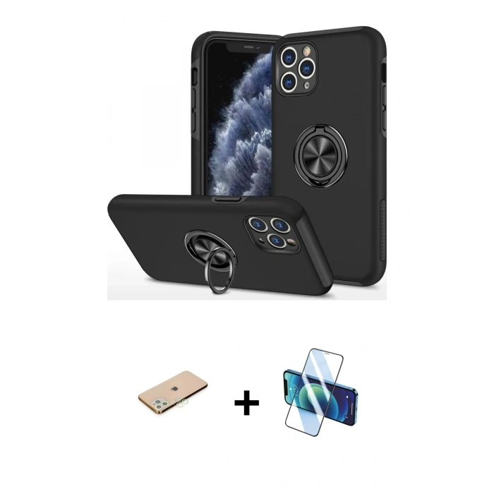 MARSİLYAN™- iPhone 11 Pro Max Kılıf Odak Form Prime - Siyah 3D Antistatik Cam Ekran Koruyucu + Renkli Kamera Lens Koruma Cam - YL