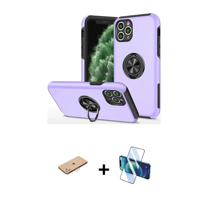 MARSİLYAN™- iPhone 11 Pro Max Kılıf Odak Form Prime - Siyah 3D Antistatik Cam Ekran Koruyucu + Renkli Kamera Lens Koruma Cam - PE