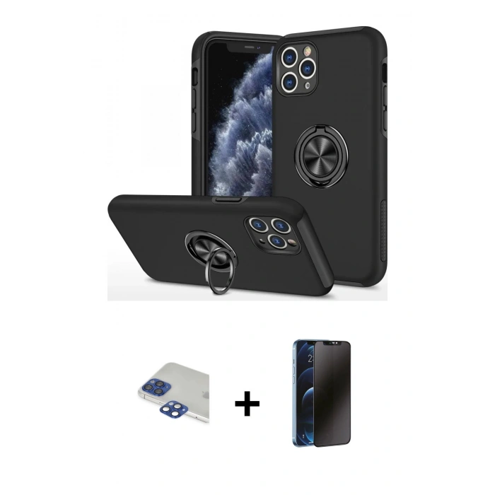 MARSİLYAN™- iPhone 11 Pro Max Kılıf Odak Form Prime - Siyah 3D Antistatik Hayalet Cam Ekran Koruyucu + Pers Alüminyum Kamera Lens - LT