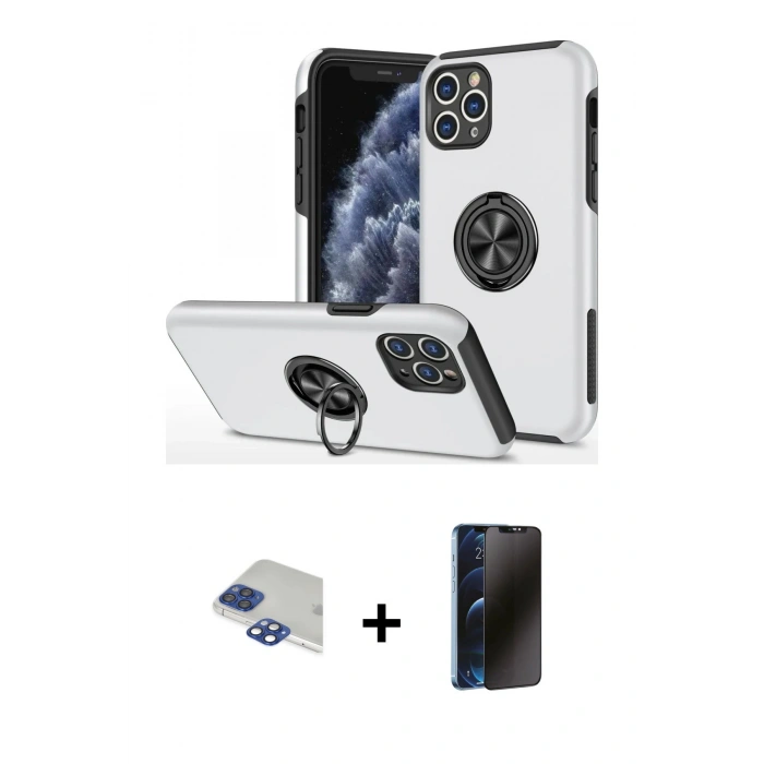 MARSİLYAN™- iPhone 11 Pro Max Kılıf Odak Form Prime - Siyah 3D Antistatik Hayalet Cam Ekran Koruyucu + Pers Alüminyum Kamera Lens - LT