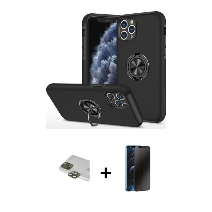 MARSİLYAN™- iPhone 11 Pro Max Kılıf Odak Form Prime - Siyah 3D Antistatik Hayalet Cam Ekran Koruyucu + Pers Alüminyum Kamera Lens - YL