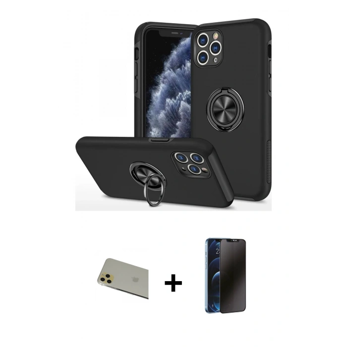 MARSİLYAN™- iPhone 11 Pro Max Kılıf Odak Form Prime - Siyah 3D Antistatik Hayalet Cam Ekran Koruyucu + Rainbow Kamera Lens Koruma Cam - GD