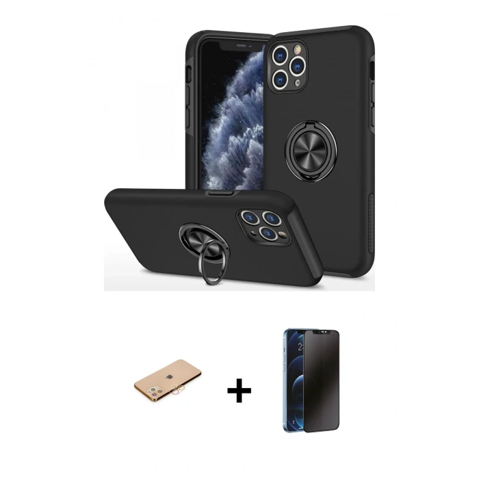 MARSİLYAN™- iPhone 11 Pro Max Kılıf Odak Form Prime - Siyah 3D Antistatik Hayalet Cam Ekran Koruyucu + Renkli Kamera Lens Koruma Cam - TU