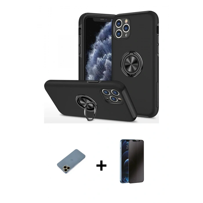MARSİLYAN™- iPhone 11 Pro Max Kılıf Odak Form Prime - Siyah 3D Antistatik Hayalet Cam Ekran Koruyucu + Shine Kamera Lens Koruma Cam - GD