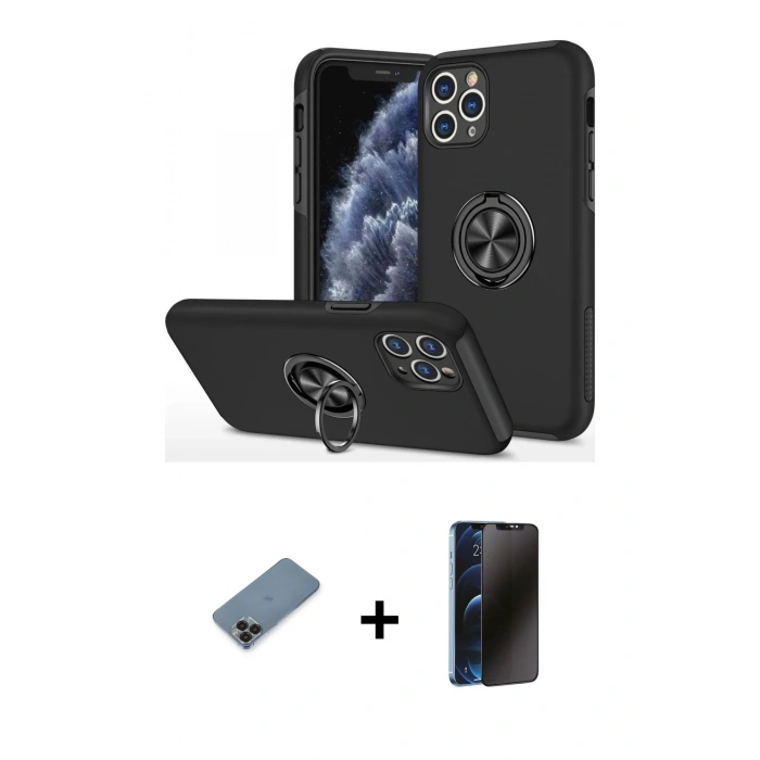MARSİLYAN™- iPhone 11 Pro Max Kılıf Odak Form Prime - Siyah 3D Antistatik Hayalet Cam Ekran Koruyucu + Metal Kamera Lens Koruma Cam - SH