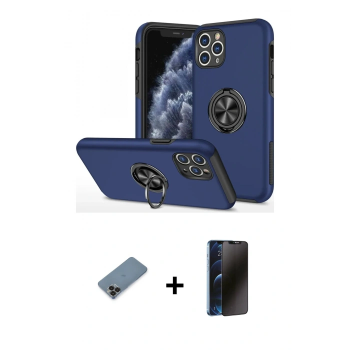 MARSİLYAN™- iPhone 11 Pro Max Kılıf Odak Form Prime - Siyah 3D Antistatik Hayalet Cam Ekran Koruyucu + Metal Kamera Lens Koruma Cam - SH
